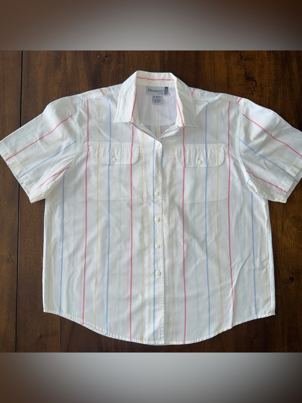 Diversity Sport Petite White Short Sleeve Button Up Blouse Top Pastel Stripe L